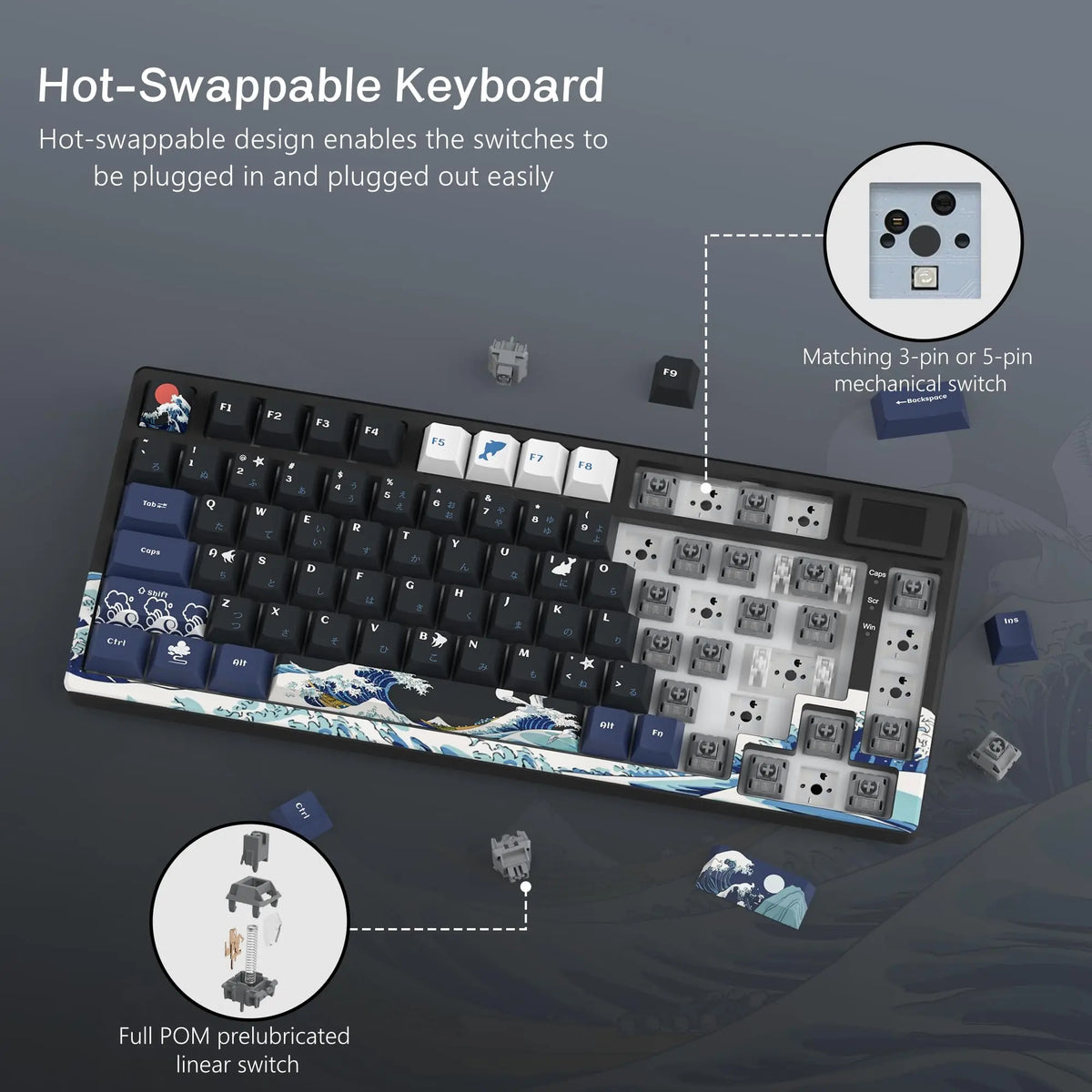 Wired Mechanical Gaming Keyboard OLED Display, Hot-Swappable 81-Key 75% USB-C RGB Pudding PBT Keycaps