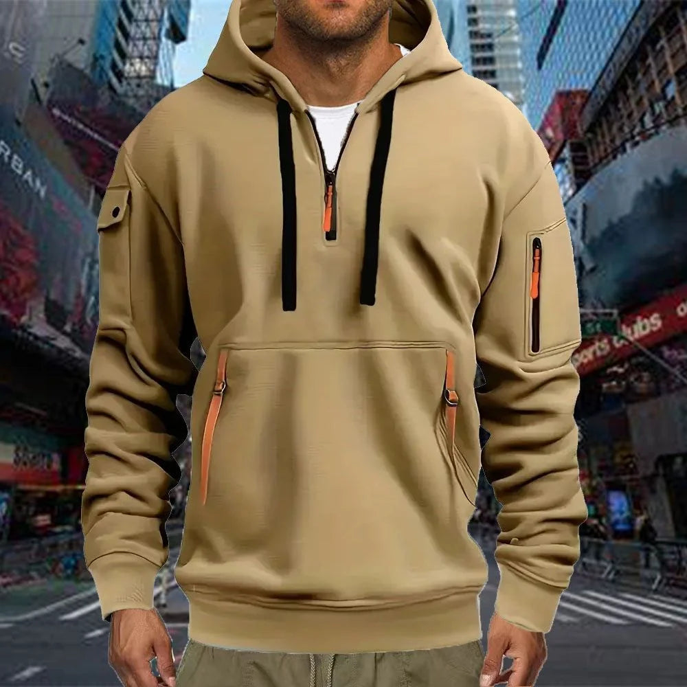 Men's Casual Sports Hoodie – Long-Sleeve Pullover with Sleeve Pocket & Drawstring, Spring/Autumn, Plus Size