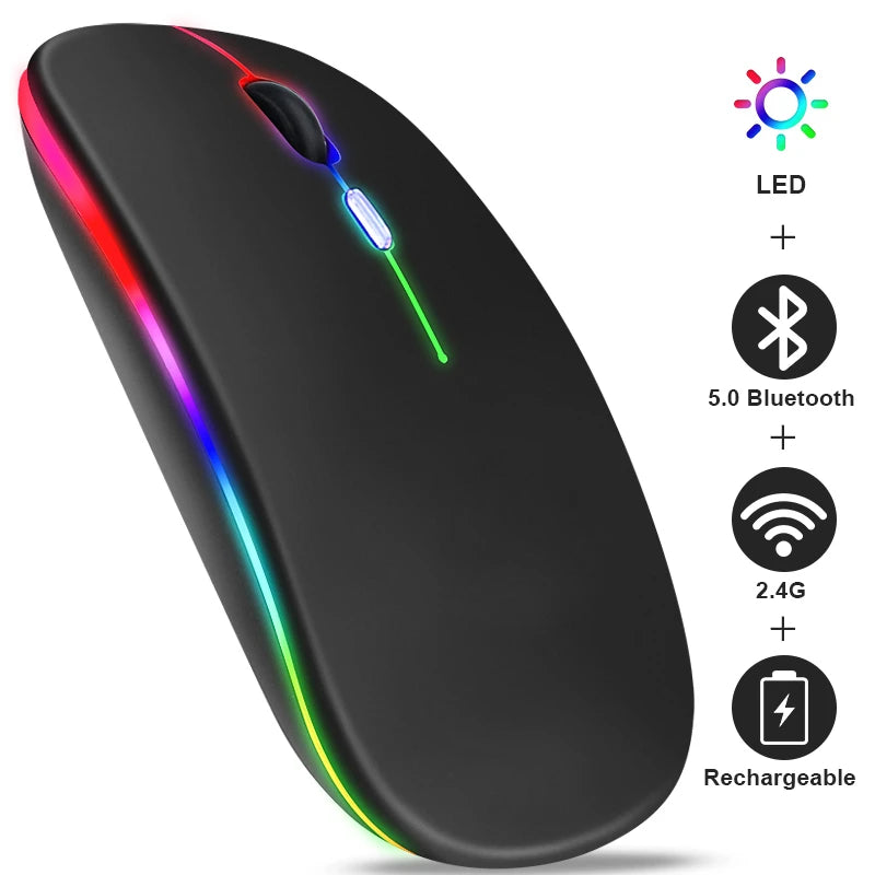 Rechargeable Dual-Mode Wireless Mouse — Bluetooth & 2.4GHz USB Receiver, RGB Backlight, 1600 DPI for Laptop PC MacBook Tablet