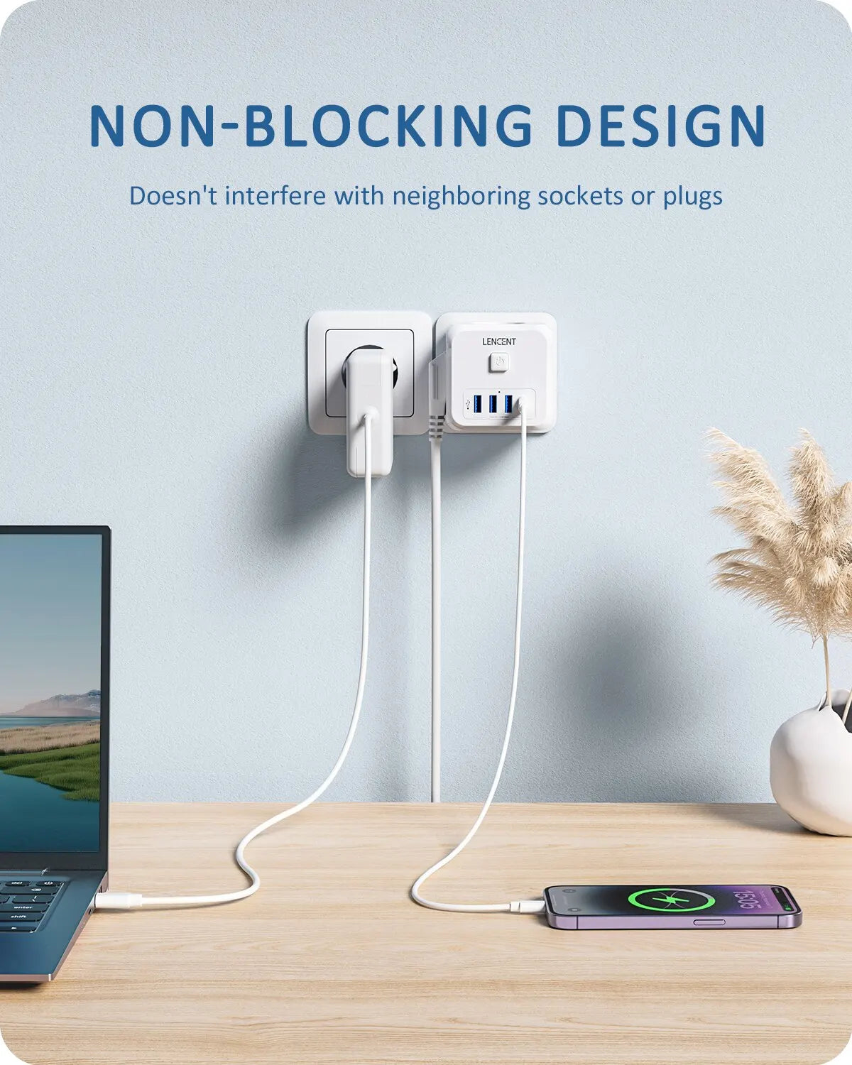 7-in-1 EU Plug Charger — 3 AC Outlets + 3 USB-A + 1 USB-C PD Wall Socket Extender with On/Off Switch