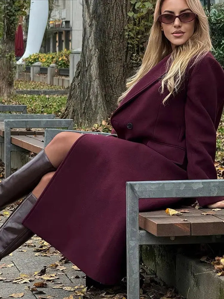 Women's Burgundy Double-Breasted Wool-Blend Coat - Long Sleeve Lapel Jacket, Autumn Winter Outerwear