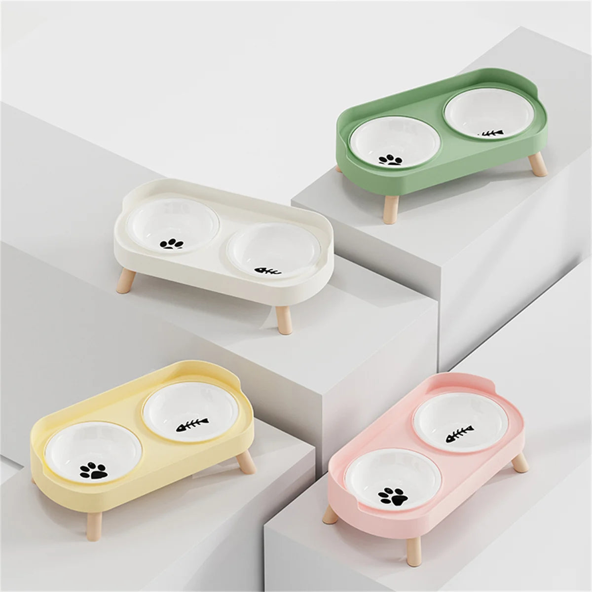 Adjustable Elevated Ceramic Double Pet Bowl for Cats and Small Dogs with Water Dispenser