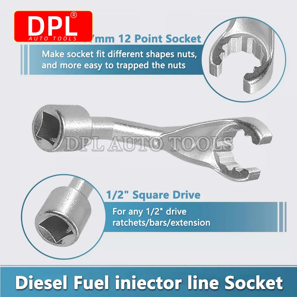 Diesel Injector Line Socket Set 1/2-Inch (12.7 mm) Drive - 12-Point Bihex Injector Fuel Line Wrenches