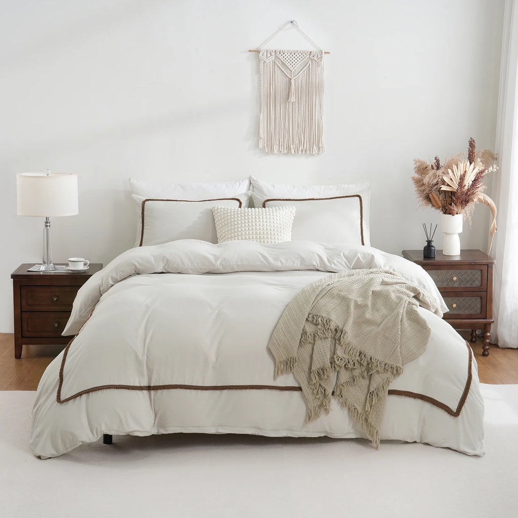3-Piece White & Khaki Duvet Cover Set - Geometric Line Comforter Cover, Lightweight 100% Polyester, All-Season