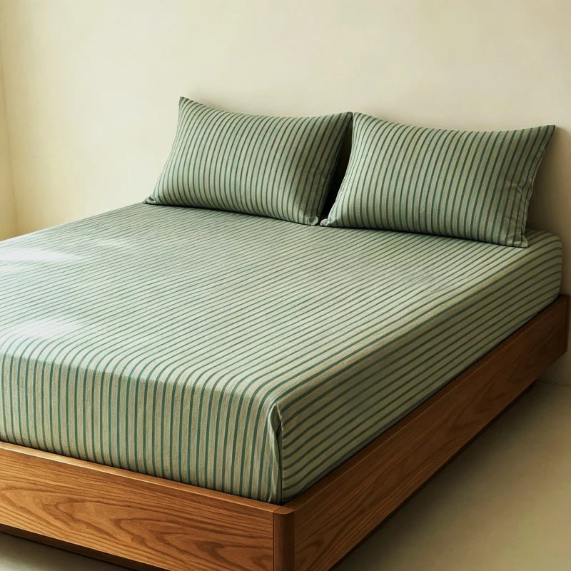 3-Piece Stripe Fitted Sheet Set – Elastic Anti-Slip Adjustable Fitted Mattress Cover with 2 Pillowcases
