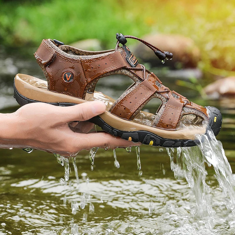 Men's Leather Sandals Breathable Casual Outdoor Beach Slip-On Roman Style