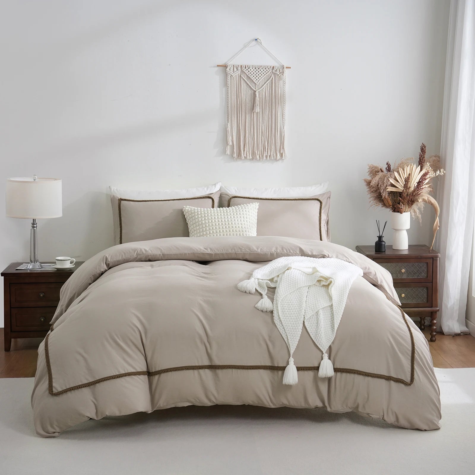3-Piece White & Khaki Duvet Cover Set - Geometric Line Comforter Cover, Lightweight 100% Polyester, All-Season