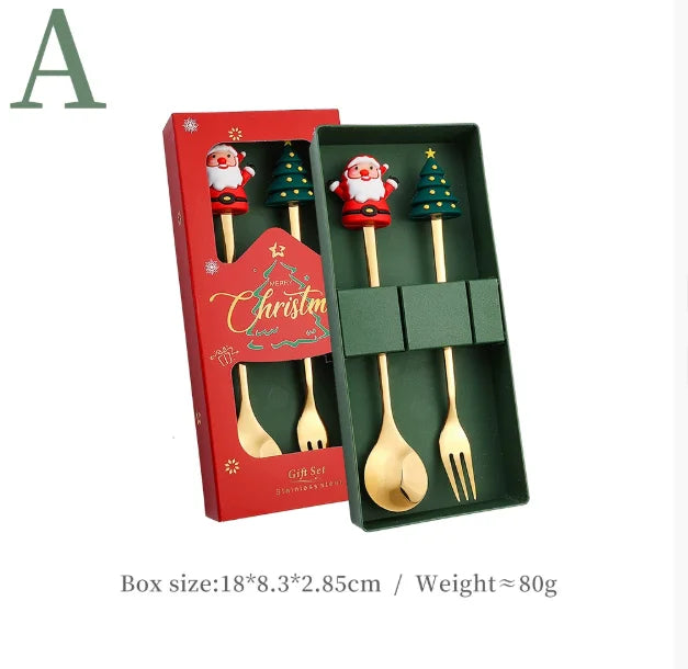 4-Piece Stainless Steel Christmas Cutlery Set – Spoon & Fork Holiday Table Decor with Elk & Tree Ornaments
