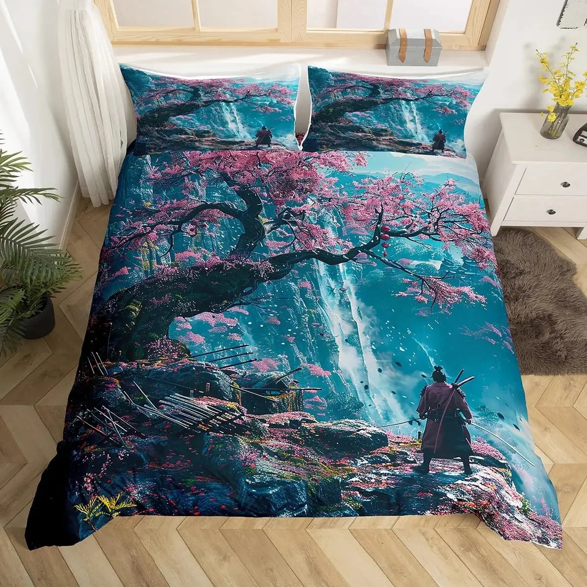Japanese Samurai Duvet Cover Set 3-Piece - Cherry Blossoms Red Sun & Mount Fuji Print - Multiple Sizes (Twin/Full/Queen/King)