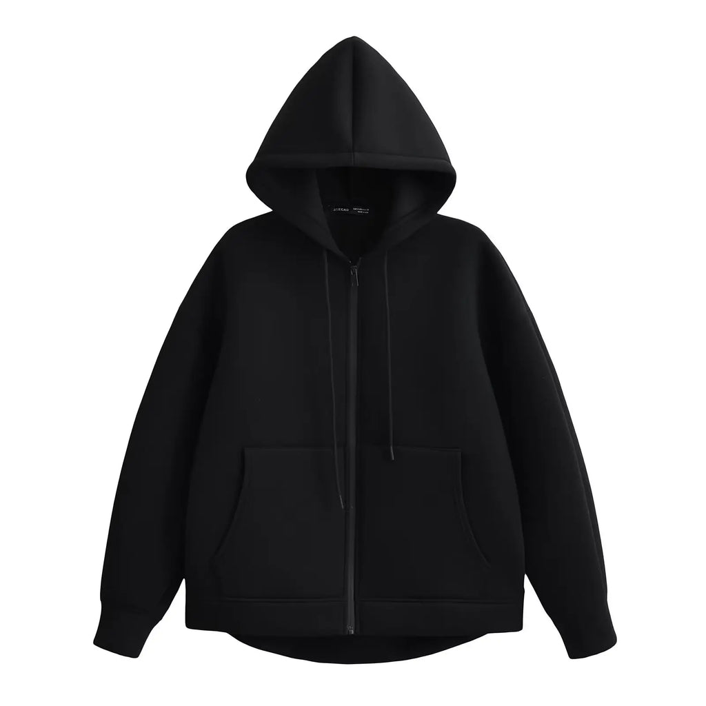 Women's Gray Hooded Zipper Jacket with Large Pockets Loose Long Sleeve Casual Coat