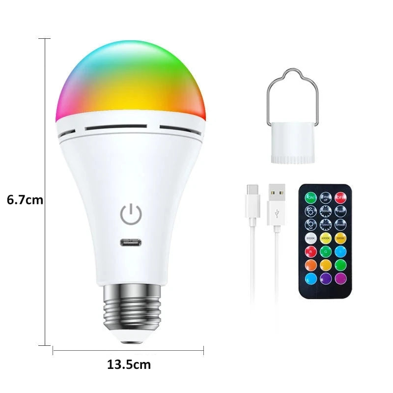 Smart USB Rechargeable E27 LED Bulb – RGB Color Changing & Warm/Cool White, Touch Dimmable Cordless Emergency Light