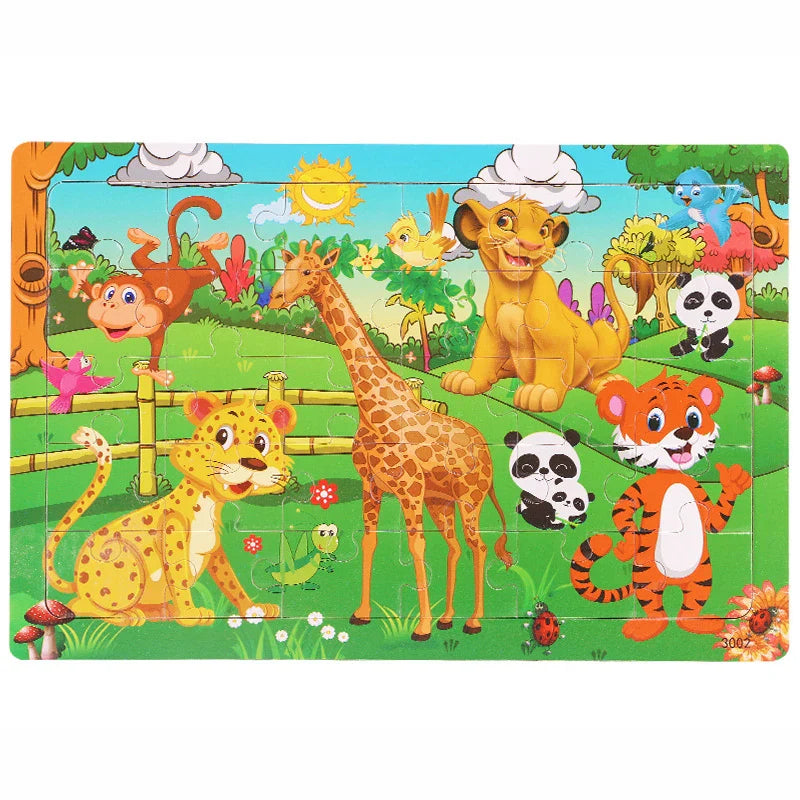 30-Piece Wooden Jigsaw Puzzle for Kids, Cartoon Animals & Vehicles, Early Learning Toy