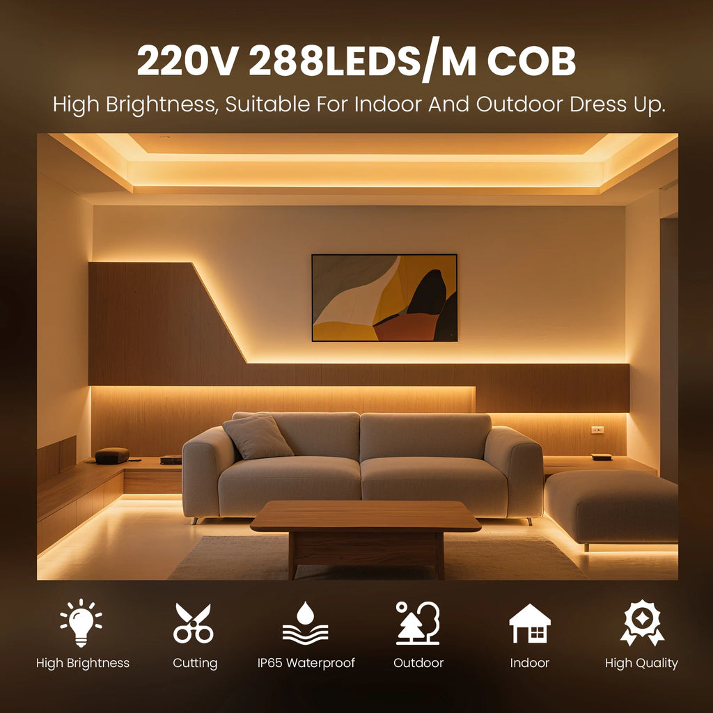 220V COB LED Strip Light 288 LEDs/m IP65 Dimmable with Switch or Dimmer Plug — 3000K 4000K 6000K Waterproof Indoor/Outdoor