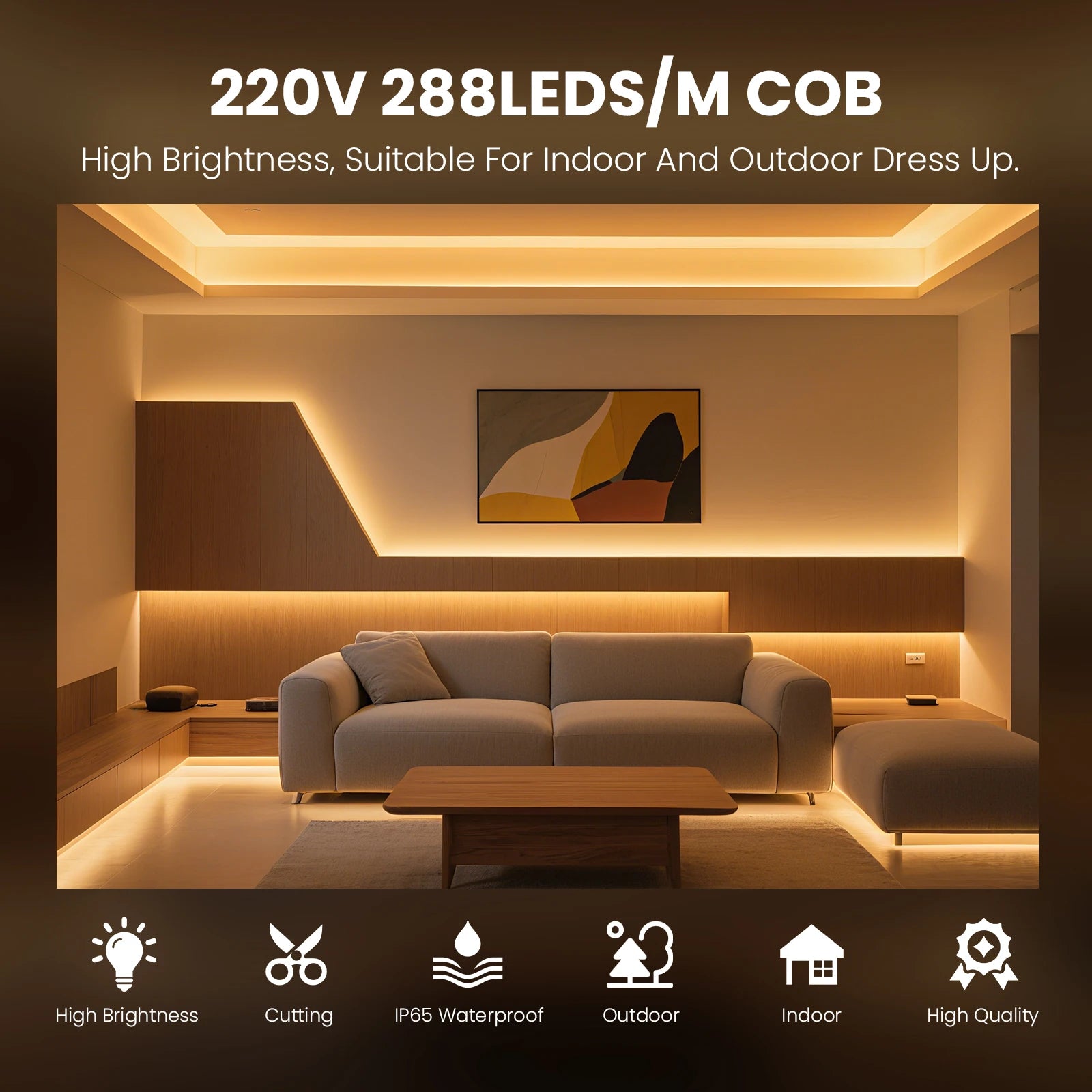 220V COB LED Strip Light 288 LEDs/m IP65 Dimmable with Switch or Dimmer Plug — 3000K 4000K 6000K Waterproof Indoor/Outdoor