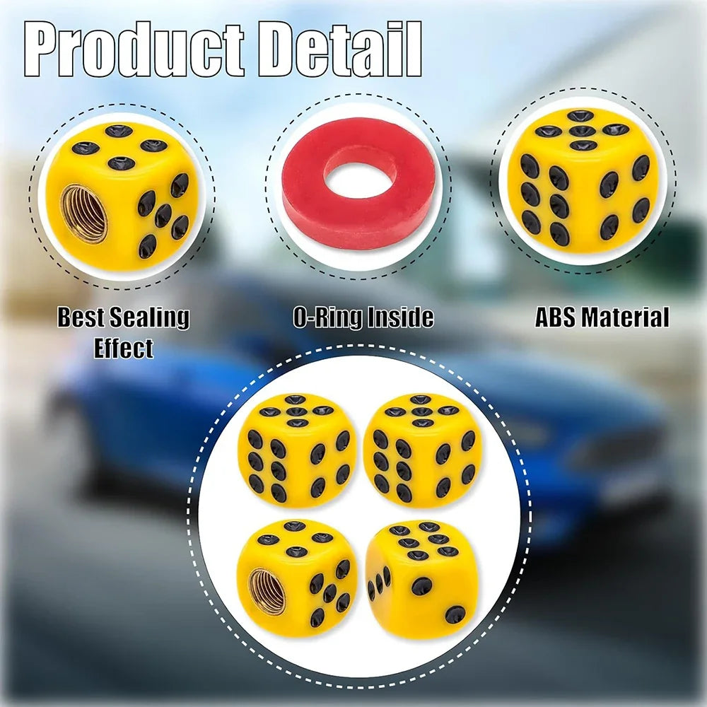 4-Pack Dice Tire Valve Stem Caps – Waterproof Universal Valve Covers for Car Truck Motorcycle Bike, 16 x 16 mm (0.63 x 0.63 in) with 8 mm Thread