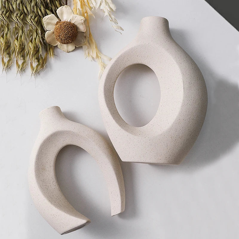 European White Ceramic Vase Set - Minimalist Decorative Vases for Living Room, Entryway, TV Console
