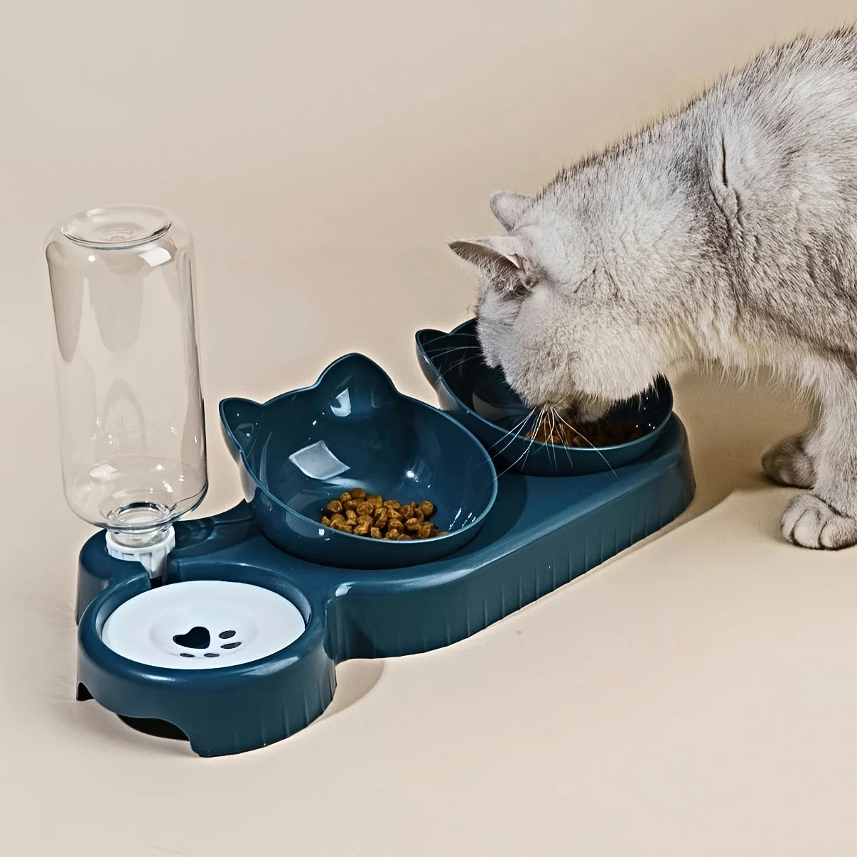 3-in-1 Tilted Cat Food & Water Bowl Set with Gravity Water Feeder — Ear Design for Neck Protection