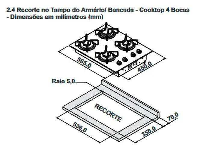 4-Burner Gas Cooktop (LPG/NG) Black - 6mm Tempered Glass Top, Bivolt