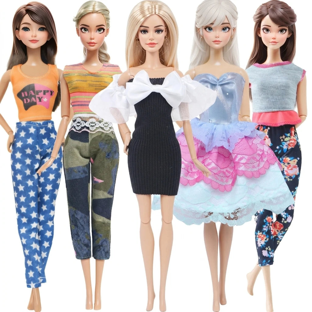 5-Pack Doll Clothes for 11.5–12 in (30 cm) 1/6 Scale Girl Dolls — Dresses, Skirts, Pants & Tops