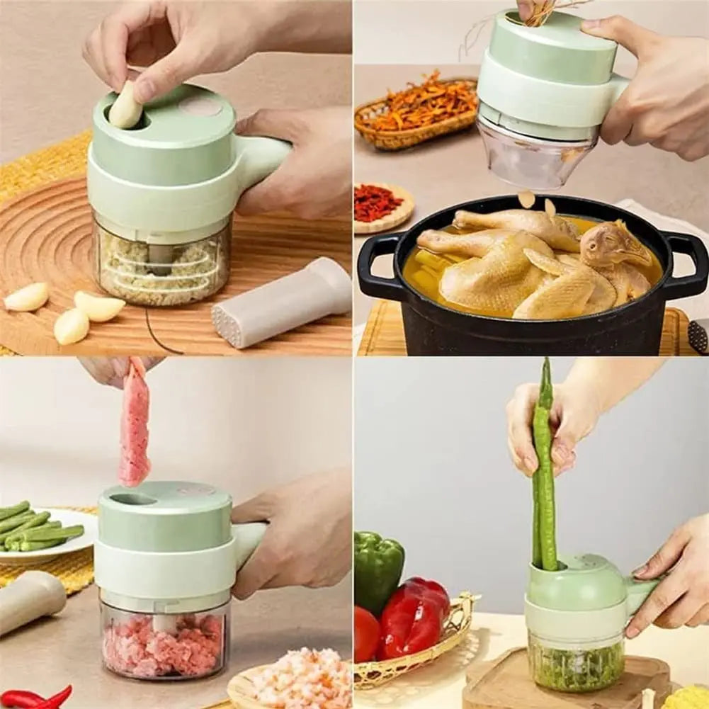 4-in-1 Rechargeable Electric Handheld Vegetable Cutter, Wireless Garlic Chopper, Onion Slicer & Shredder