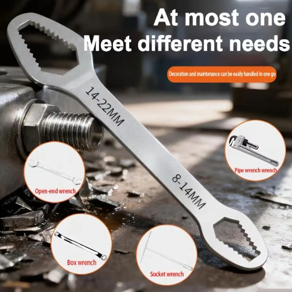Adjustable Self-Tightening Double-Head Wrench Fits 3–17 mm & 8–22 mm (0.12–0.67 in & 0.31–0.87 in) for Cars, Bicycles and Home Repair