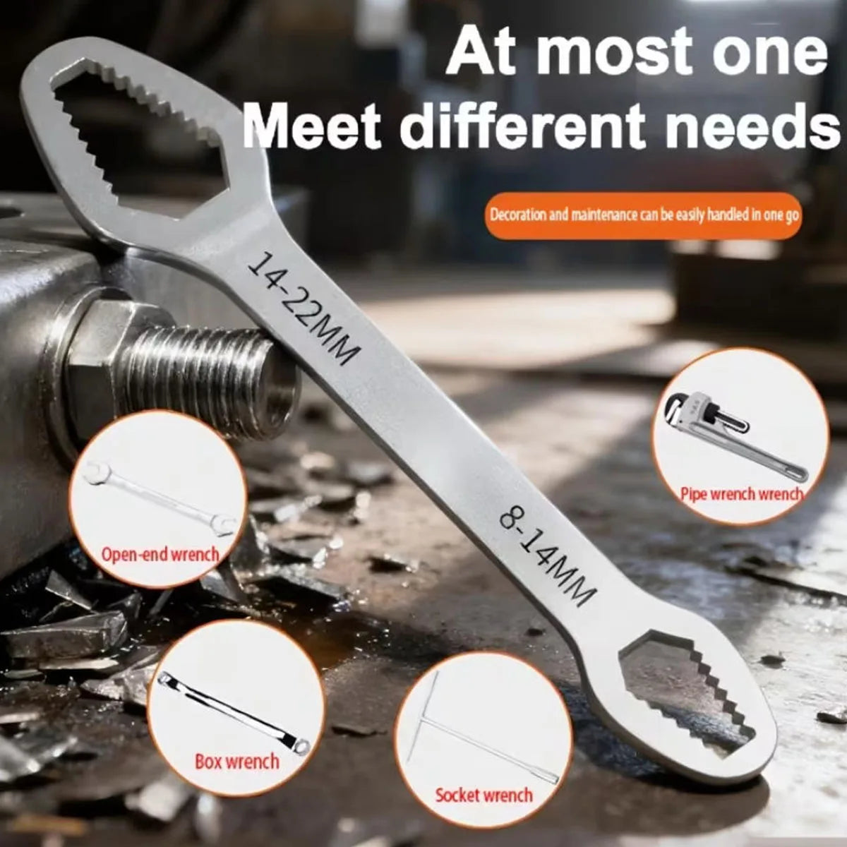 Adjustable Self-Tightening Double-Head Wrench Fits 3–17 mm & 8–22 mm (0.12–0.67 in & 0.31–0.87 in) for Cars, Bicycles and Home Repair
