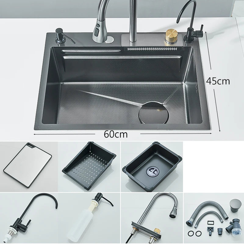 304 Stainless Steel Waterfall Kitchen Sink Large Single Bowl Undermount 60 x 45 cm (23.6 x 17.7 in) Brushed Finish Faucet Set 3-Way Pull-Out Sprayer