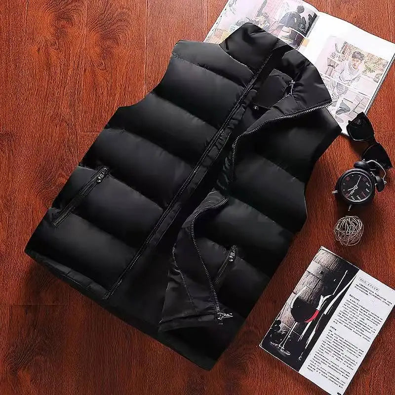 Men's Waterproof Warm Vest Jacket — Sleeveless Zipper Coat with Stand Collar, Cotton-Lined Casual Waistcoat