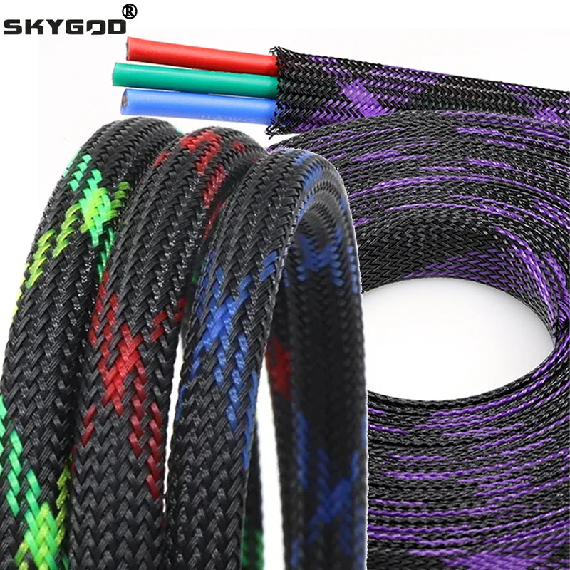 Expandable PET Braided Cable Sleeve 3–30mm (0.12–1.18in) High-Density Spiral Wrap — Insulated Wire Protector, Black/Blue, Red, UV Green/Yellow, Purple