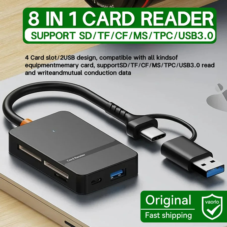 8-in-1 USB 3.0 Multi Card Reader Hub — CF/SD/MicroSD/MS/TF Adapter for PC, Camera & Mobile