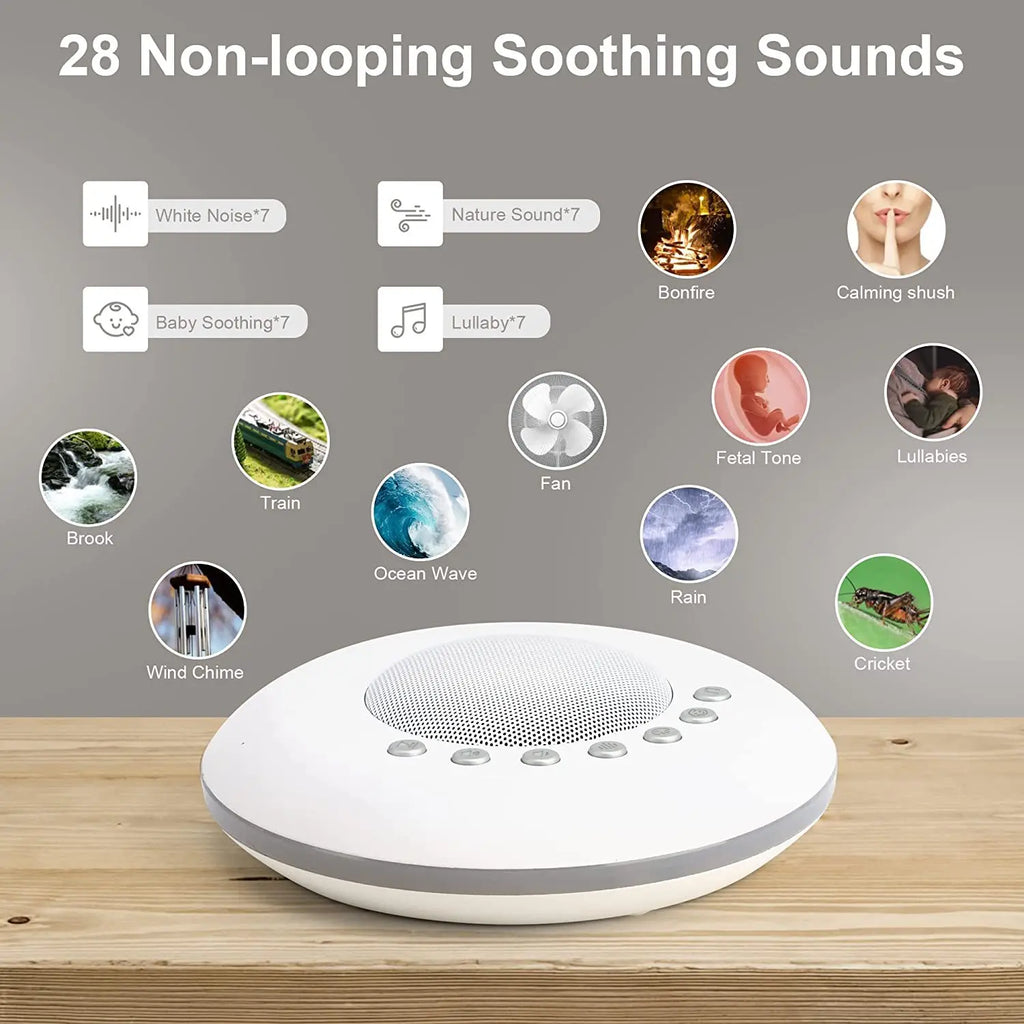 Portable Baby White Noise Machine 28 Soothing Sounds 4 Timers & Memory USB-C Rechargeable with Optional Night Light