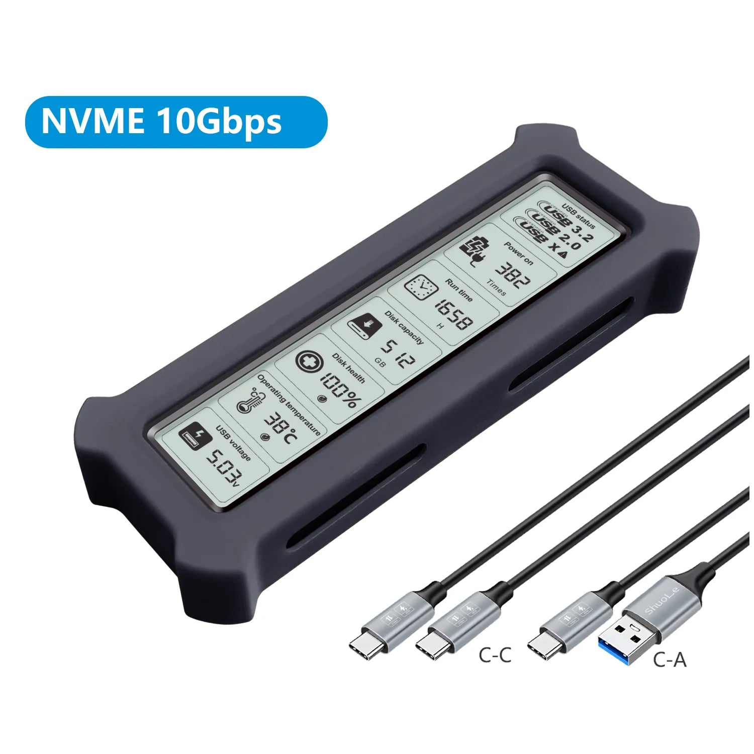 Portable M.2 NVMe SSD Enclosure with HD Health Display, USB 3.2 Gen 2 10Gbps PCIe