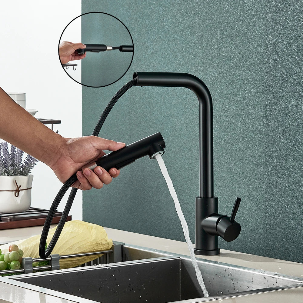 Black Pull-Out Kitchen Faucet Retractable Spray Single-Handle Deck-Mounted Mixer Tap Hot & Cold