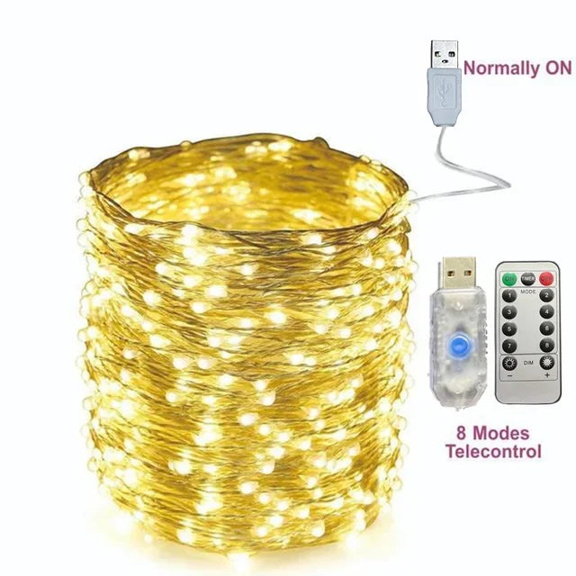 USB Fairy LED String Lights — 1/2/5/10/20/30M (3.3–98.4 ft) Silver Wire, 8 Modes & Remote, Multicolor