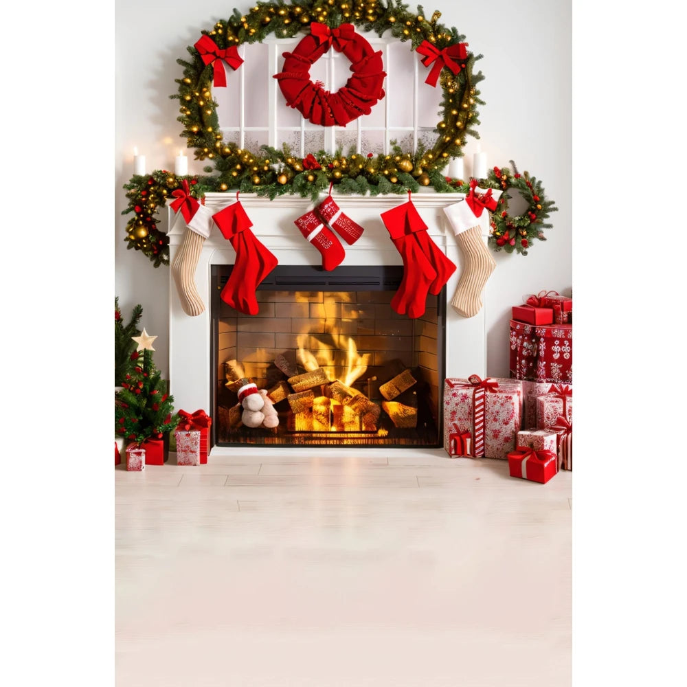 Christmas Photography Backdrop - Santa, Tree & Fireplace Winter Snow Wood Floor Portrait Background