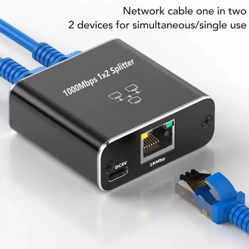 RJ45 1-to-2 Gigabit Ethernet Splitter – USB-C Powered 1000Mbps Network Splitter