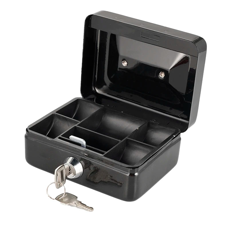 Portable Mini Steel Cash Box with Lock – Coin & Jewelry Safe with Removable Tray, 4.88 x 3.90 x 2.36 in (12.4 x 9.9 x 6 cm)