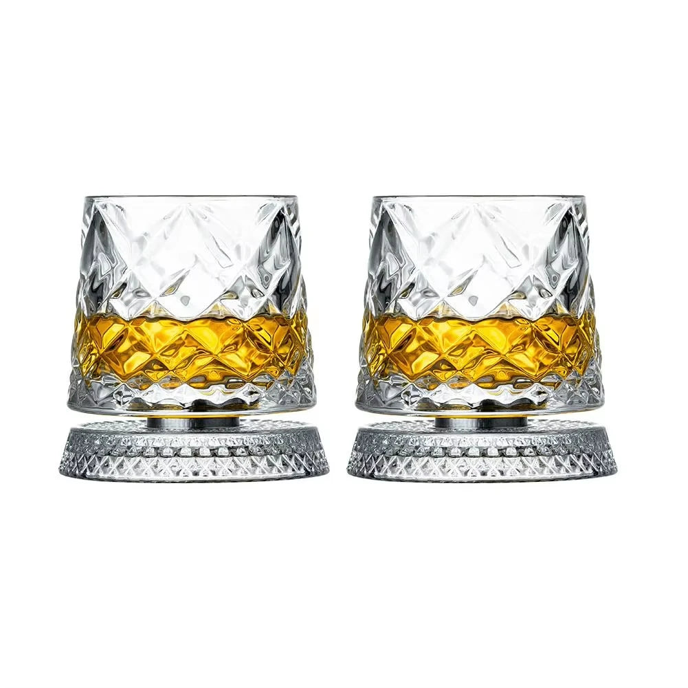 2-Pack 360° Rotating Whiskey Glasses with Glass Base – Crystal Cocktail & Rum Tumblers