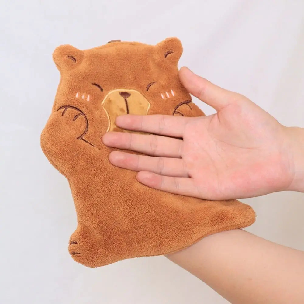 Cartoon Capybara Coral Velvet Hand Towel - Wall-Mounted Absorbent Kids Washcloth & Kitchen Rag, 28 x 34 cm (11.02 x 13.39 in)