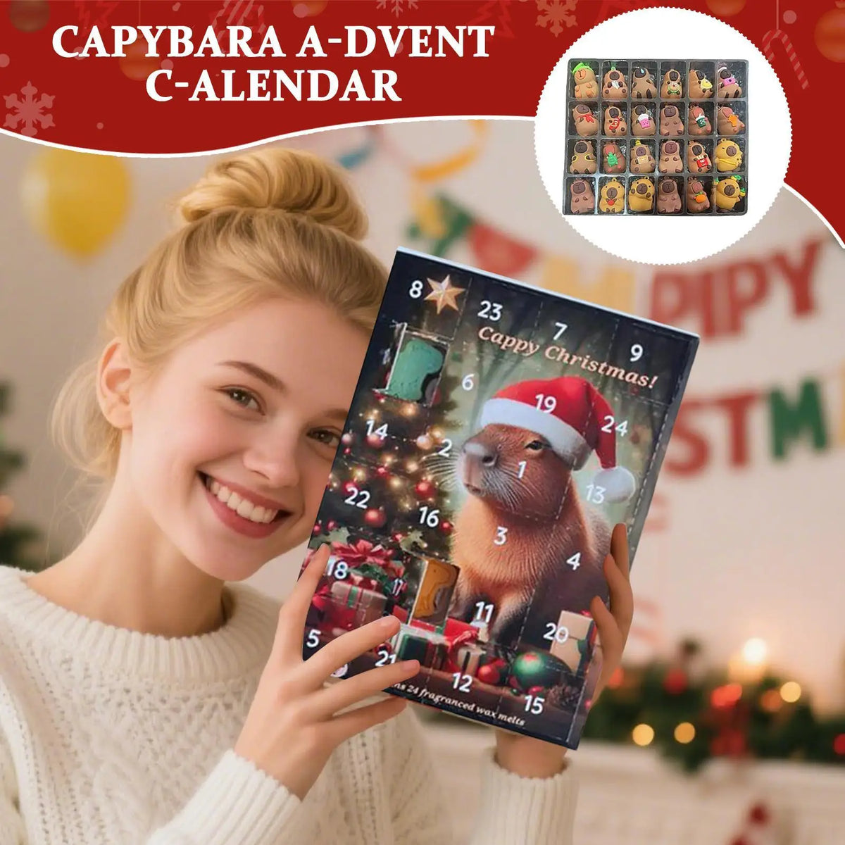 Capybara Christmas Advent Calendar 24-Day Countdown with 24 Mini Ornaments 10.24 x 7.09 in (26 x 18 cm) Holiday Decoration for Kids and Teens