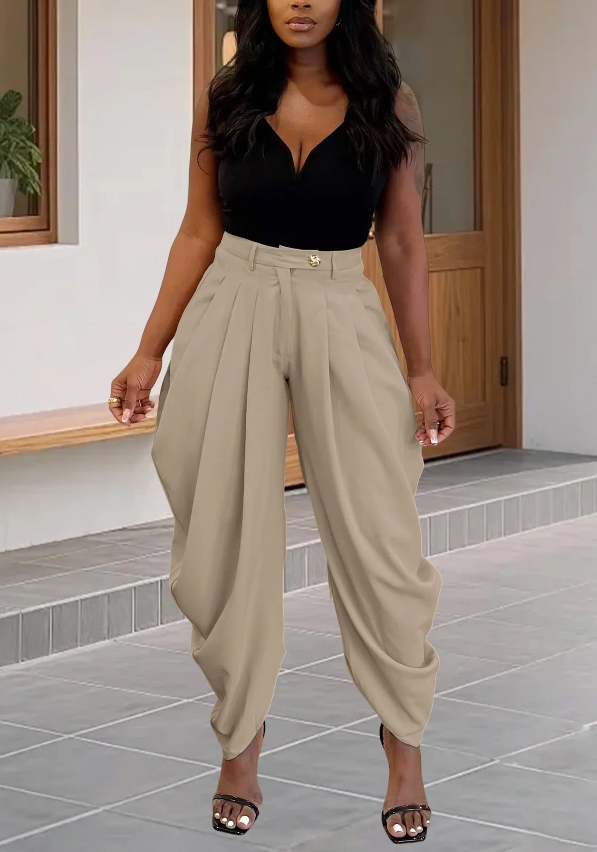High-Waisted Pleated Wide-Leg Cropped Pants for Women – Loose Harem Skirt-Pant, Casual