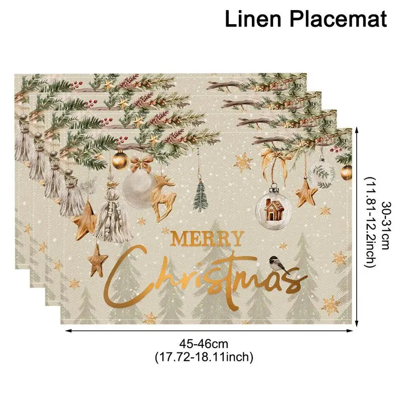 Linen Christmas Tree Placemats – Holiday Rectangle Table Mats for Kitchen & Dining, Navidad Noel
