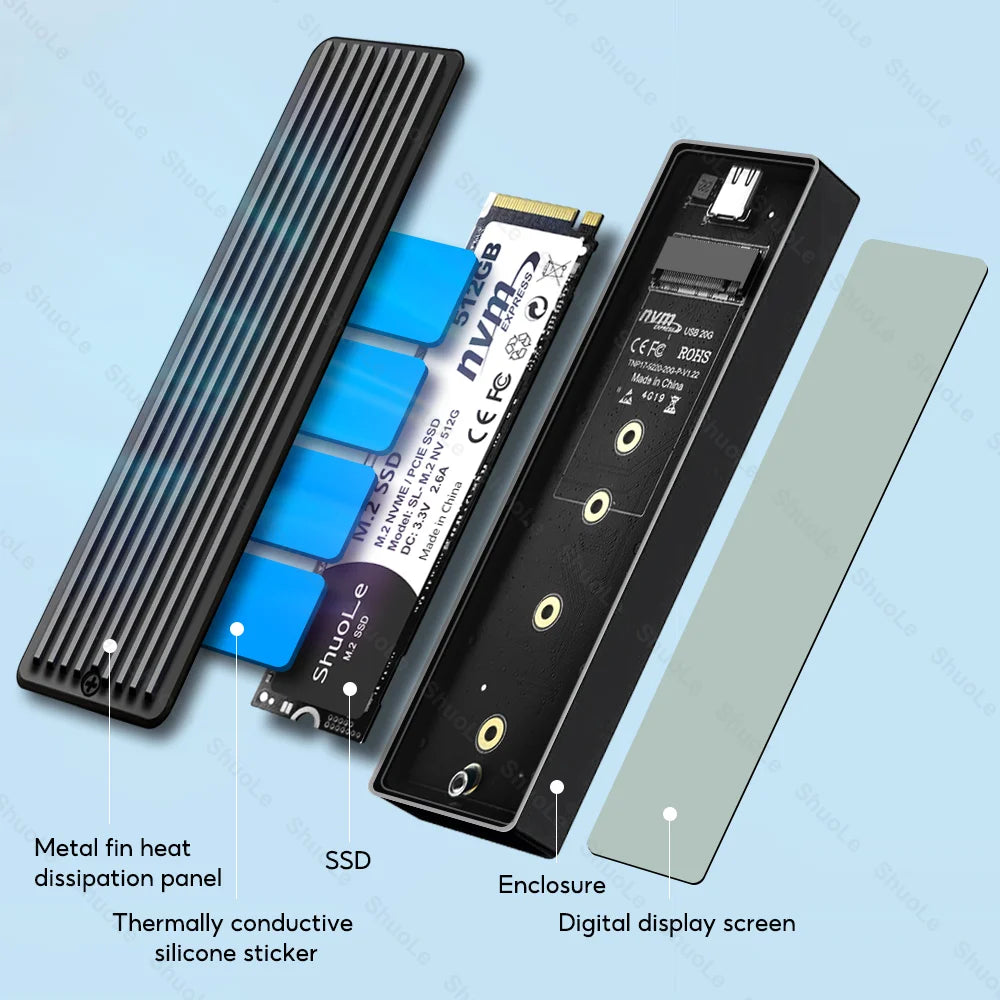 Portable M.2 NVMe SSD Enclosure with Health Display — USB 3.2 Gen 2 10Gbps