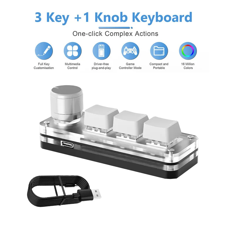 3-Key RGB Macro Pad — Mini Mechanical Keyboard with Programmable Knob, Hot-Swap Red Switches, USB-C, Custom Macros for Gaming & Photoshop