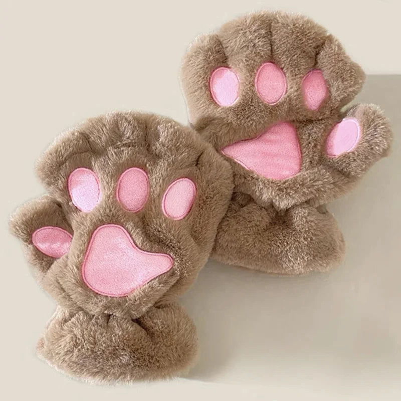 Cute Cat Paw Fingerless Mittens Plush Half-Finger Warm Fluffy Gloves for Women & Unisex