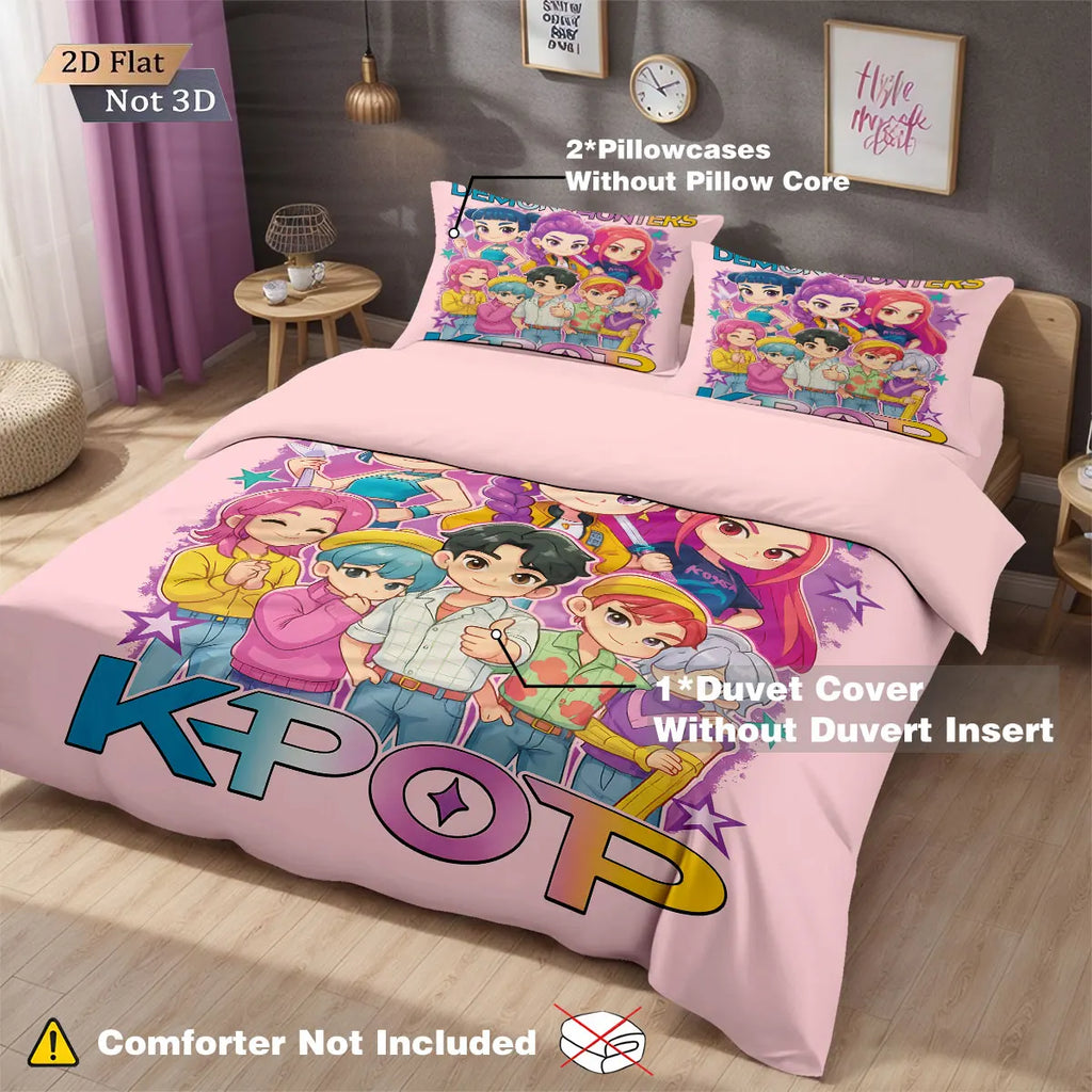 3-Piece K-Pop Demon Hunters Print Microfiber Duvet Cover Set – Multi-Size Bedding for Dorms & Bedrooms, Soft & Machine Washable