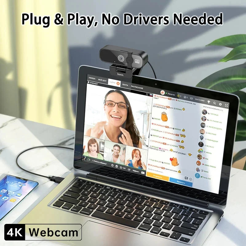 4K USB Webcam with Autofocus & Built-In Microphone — 2K/1080P Options, Privacy Cover, Plug-and-Play