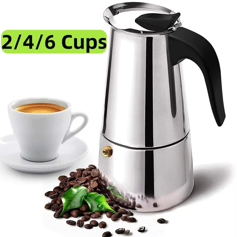 Moka Pot Stovetop Espresso Maker - 2/4/6 Cup Stainless Steel, Induction & Gas Compatible