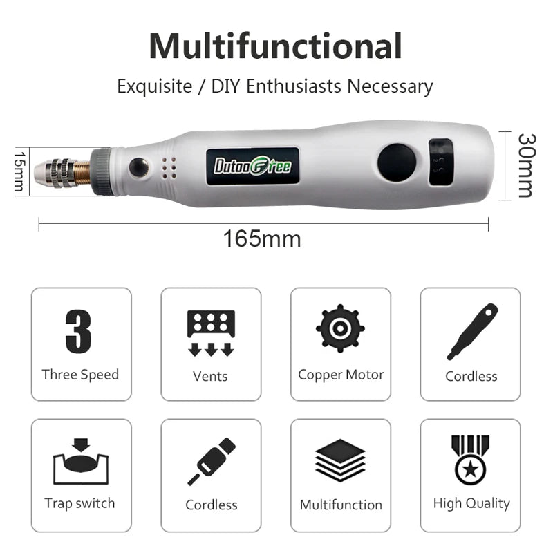 3-Speed USB Cordless Rotary Tool Mini Electric Engraving Drill Pen with Accessories