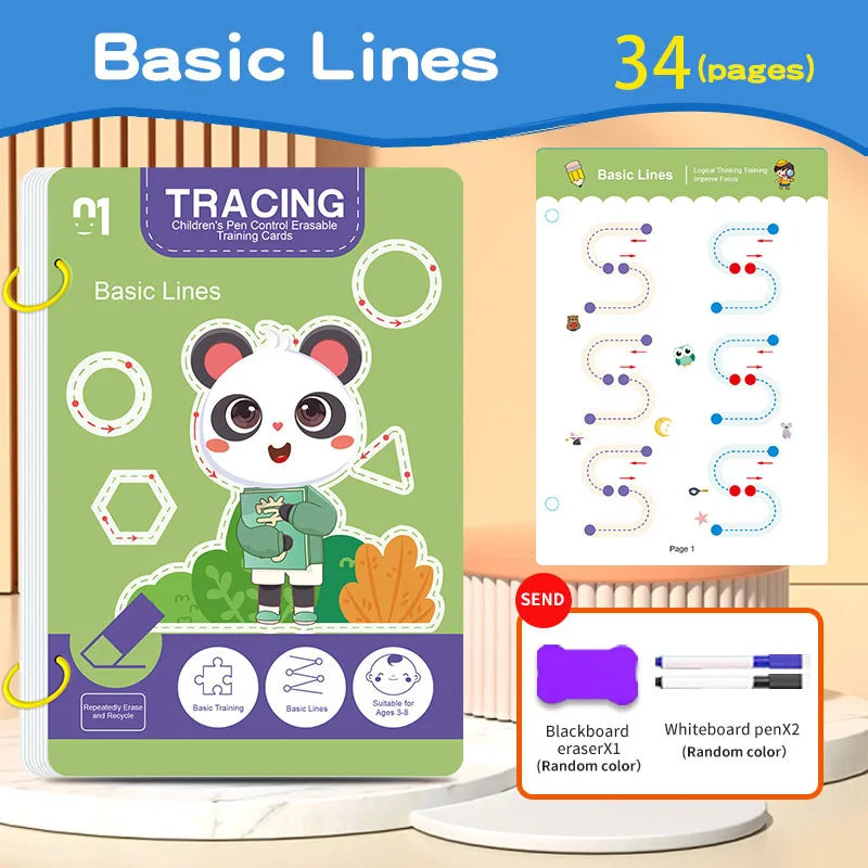 Reusable 34-Page Kids Workbook with Erasable Pen — Early Writing & Drawing Practice, Pen Control Training, Educational Gift